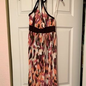 Red, orange, brown halter top maxi dress
